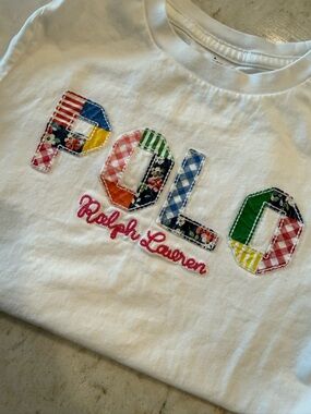 Polo by Ralph Lauren White Tee with Multicolor Patch Letters